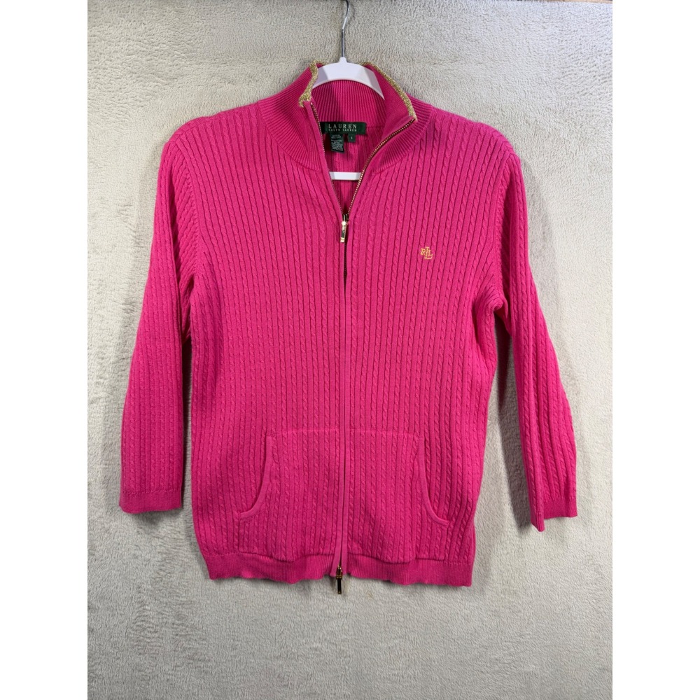 Lauren Ralph Lauren Zip Cardigan Womens S Pink Cable Knit Mock Neck Sweater